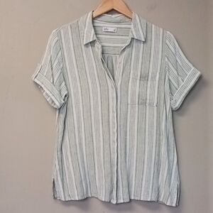 Croft & Barrow Short Sleeve Striped Button Down Linen Blend Top Size S